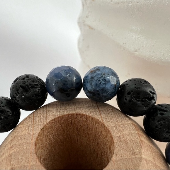 BLUE Dumortierite Quartz and Lava Stone Stretch Beaded Bracelet - Picture 9 of 14